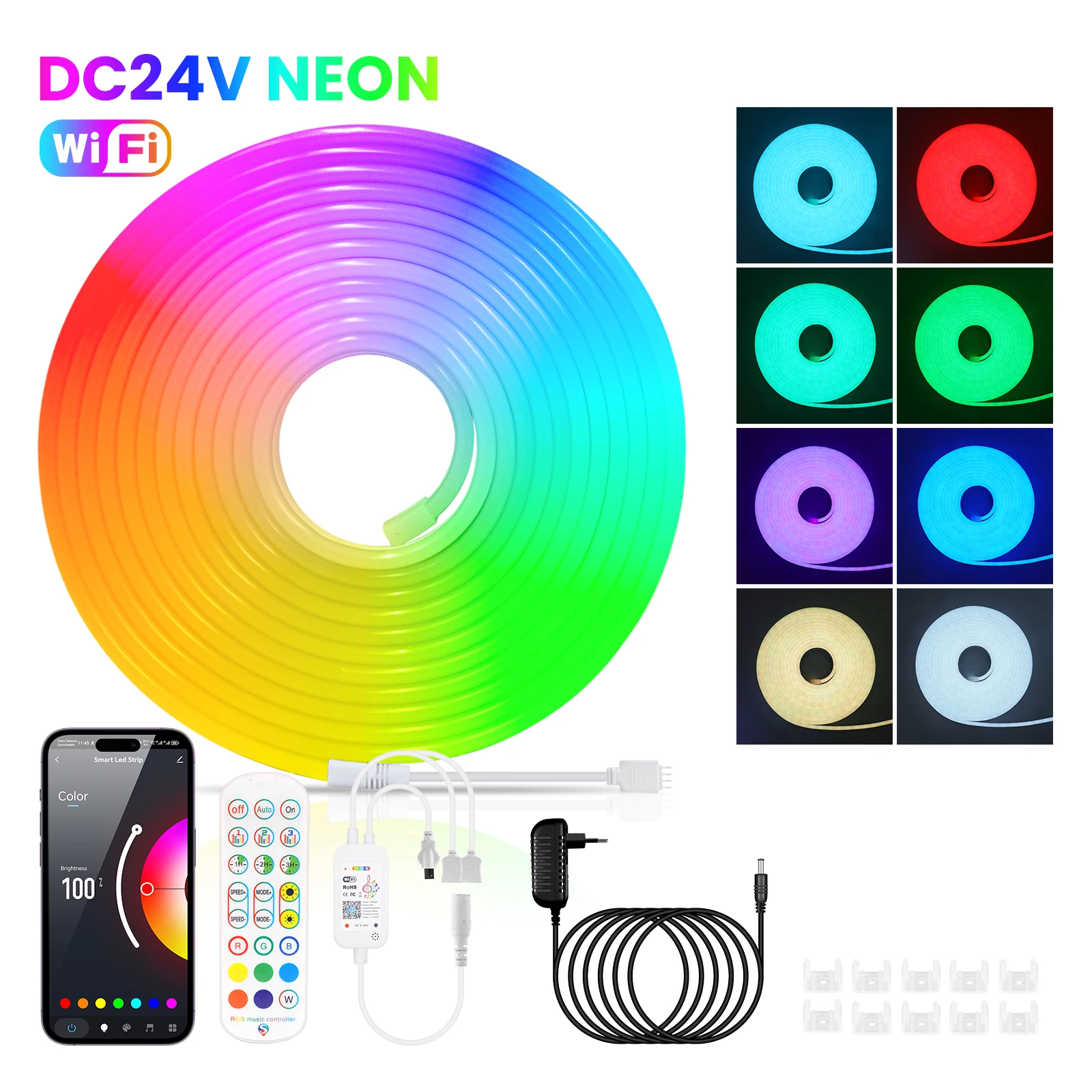 

5M 10M 30M Set Tuya WiFi APP Control 24V RGB Neon Light Work With Alexa Google Home Waterproof Flexible Ribbon Rope LED Strip