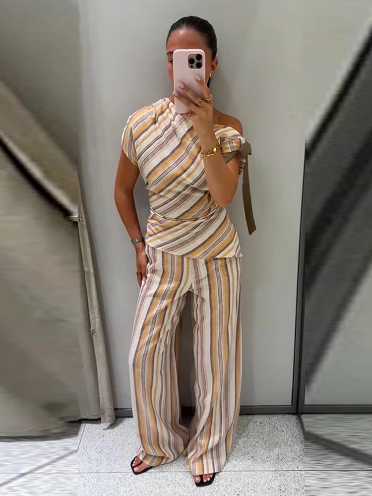 Leinen-Set mit gestreiftem, tailliertem Oberteil und Hose für Damen, sexy One-Shoulder-Oberteil mit Schnürung, plissiert, schmal geschnitten, weit geschnittene Hose, schickes Damen-Outfit – Detail 11