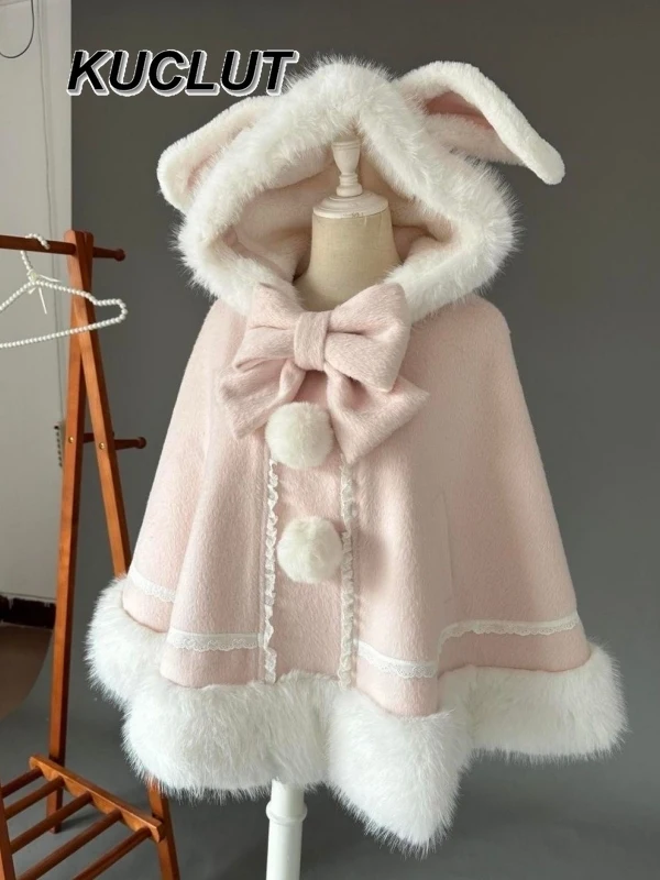 

Милая милая девчачья кроличья ушка, розовая толстая накидка, пальто, дизайн Sense, лоскутное пальто с меховым воротником и бантом, теплые пальто для женщин Ainter