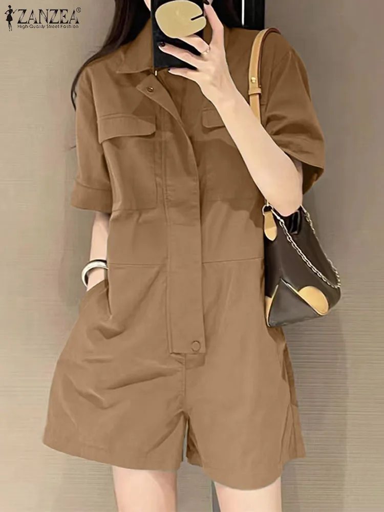 

Elegant Lapel Neck Short Sleeve Rompers 2024 ZANZEA Summer Cargo Jumpsuits Women Fashion Solid Loose Overalls Casual Playsuits