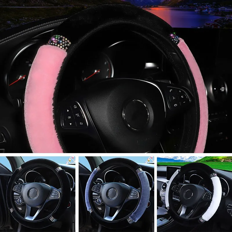 Car Steering Wheel Cover Diameter Soft Plush Rhinestone Diamond-encrusted Car Steering Cover Interior Accessories Universal