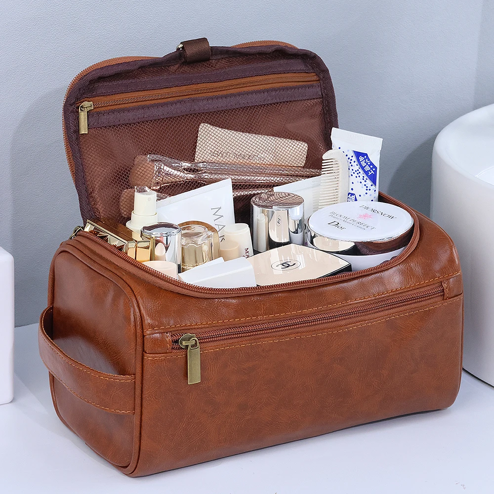 Herren PU Vintage Luxus Toilettentasche Reise-Essentials Business Kosmetik-Make-up-Etui Hängende Aufbewahrungsorganizer Waschtaschen – Detail 1