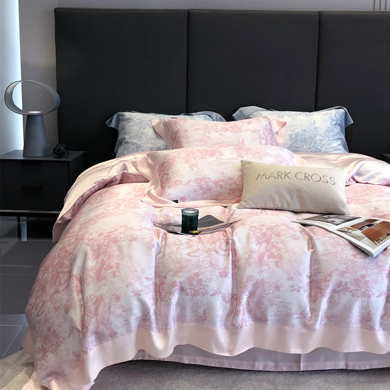 

2024 newest four-piece bedding simple cotton double household bed sheet quilt cover embroidered comfortable bedding pink color