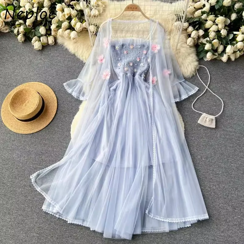 Neploe Fashion Elegant Slim Waist Camisole Dresses+ Long Sleeve 3d Flower Mesh Sun Protection Coat Spring New Two Piece Sets