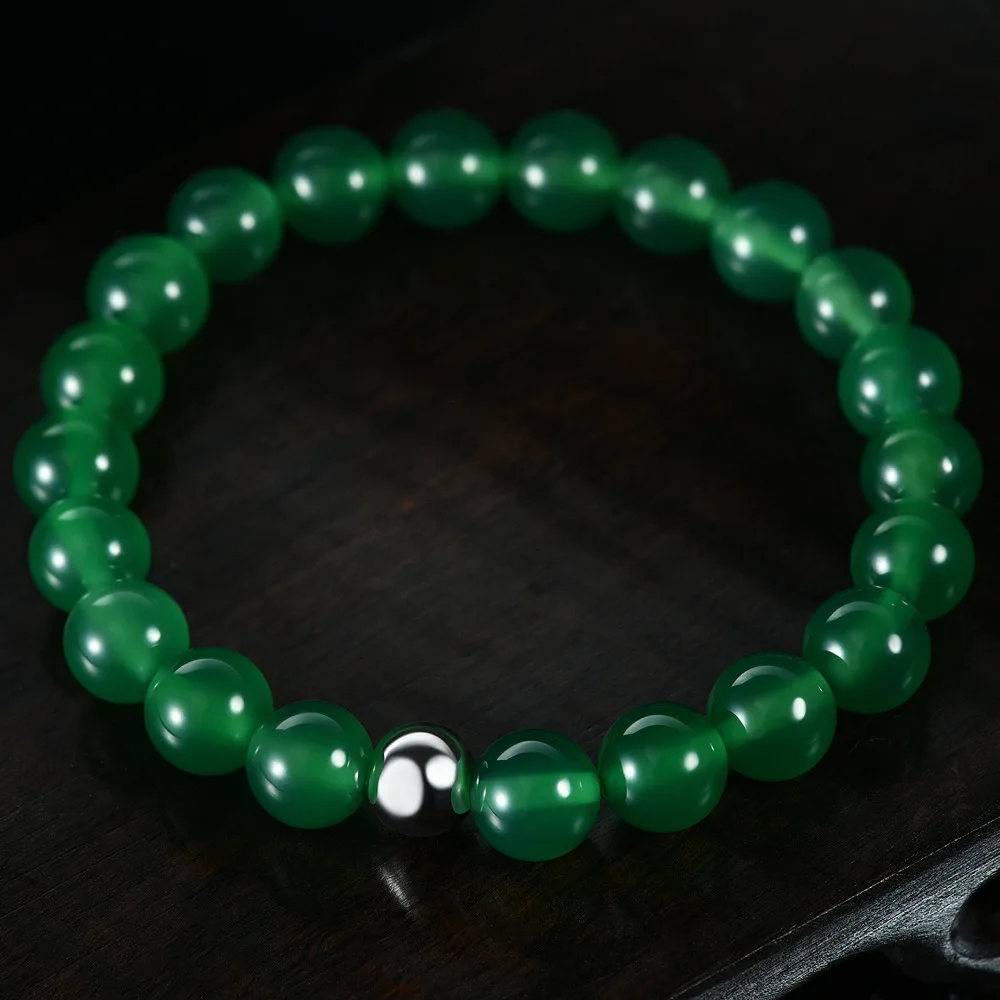 

New S925 Silver Inlaid Round Straight Hole Green Jade Bead 8mm Bracelet 16-19cm Wedding Jewelry