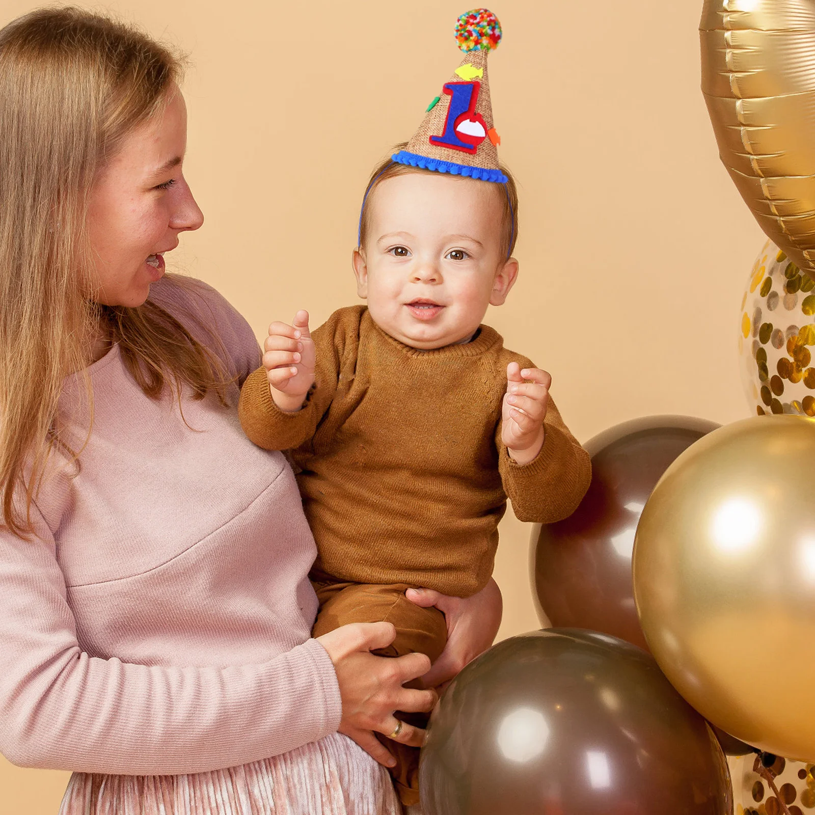 

1 Year Old Kids Party Hat Baby First Cone Hat Pom Poms Comfortable Happy Birthday Celebration Boys Girls Elastic Strap