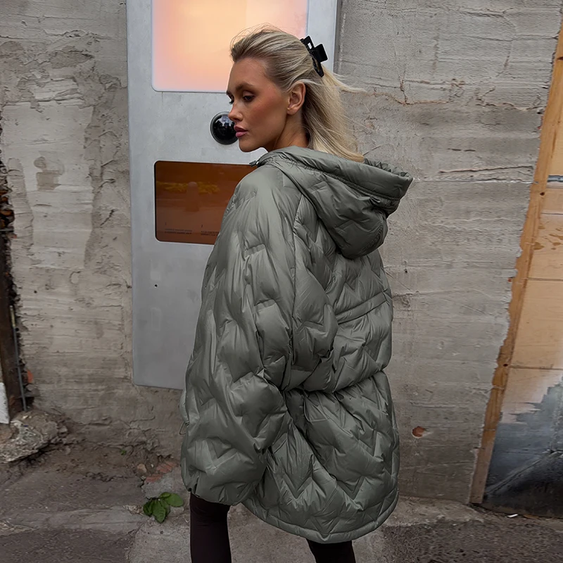 2026 Winter Solid Women Thicken Coat Casual Long Sleeve Hooded Zippers Pleated Female Outwear Elegant Lady Oversize Jacket
