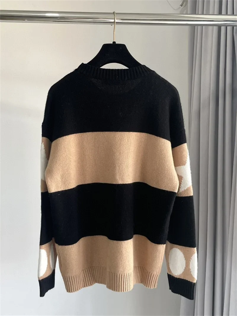 New Luxury Vintage M Women Jacquard Sweater Casual Stripes Cashmere Round Neck Long Sleeve High Quality Female Top Pullover