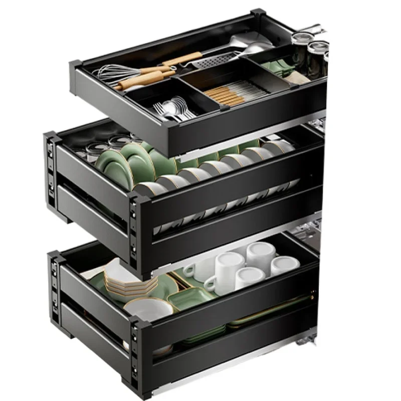

Kitchen cabinet aluminum alloy three-layer pull basket storage damping guide rail function multi-function