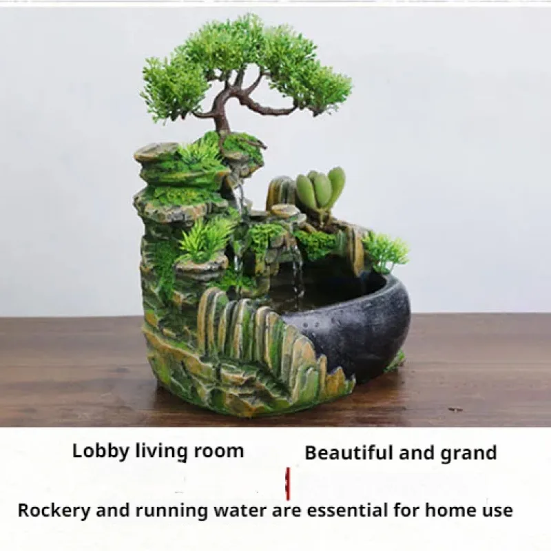 Bonsai rockery decorative Simulation Tree Flowing Water Waterfall Fountain desktop ornaments With Color Changing LED Lights