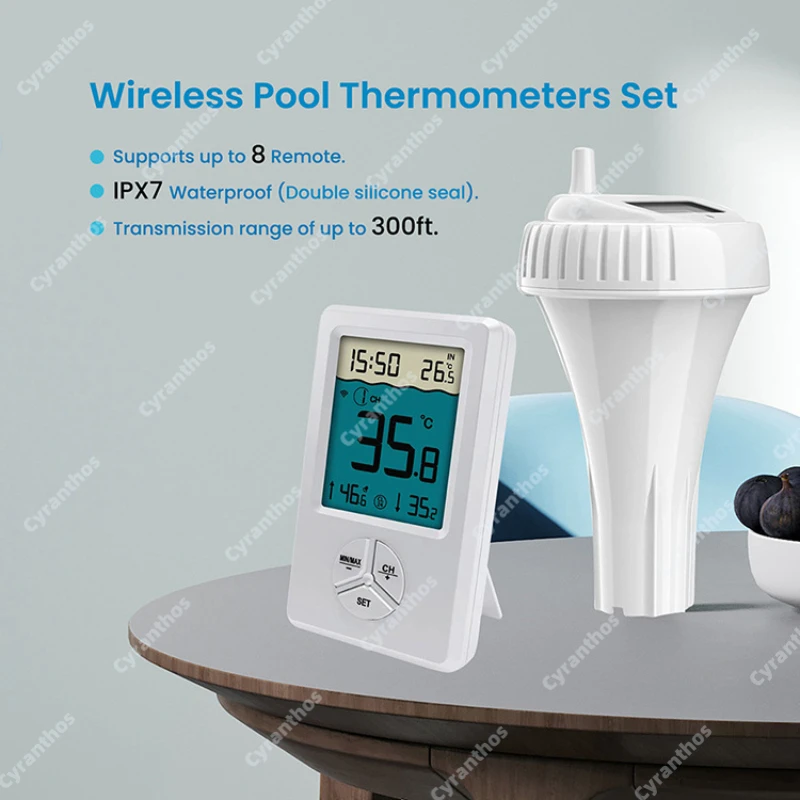 

Беспроводной термометр для бассейна IPX7, двойной водонепроницаемый 100 м, удаленная передача, устойчивость к падению, ЖК-дисплей температуры для аквариума
