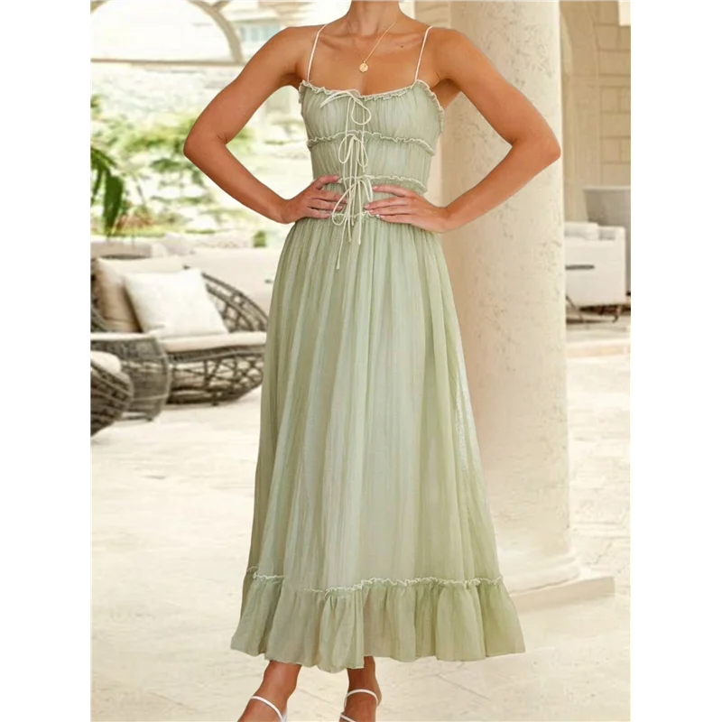 Abito estivo da donna 2025 Abito casual senza maniche con cinturino per spaghetti RIC Rac Trim Abito lungo da spiaggia con volant smock