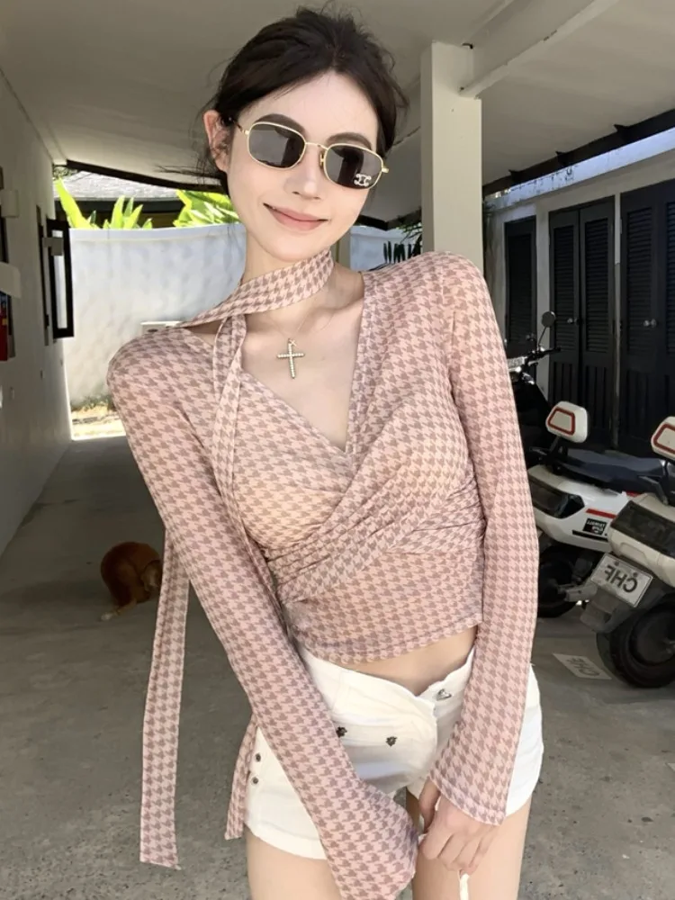 

Sexy Pure Desire Cross V-neck Long Sleeve Mesh Print T-shirt Women's Spring Summer New Lightweight Thin Base Shirt Top
