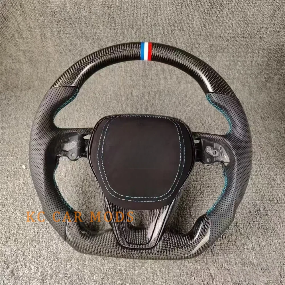 

Customized Black Carbon Fiber Perforated Leather blue white red strip Steering Wheel for 2022 2023 2024 2025 Corolla Rav4