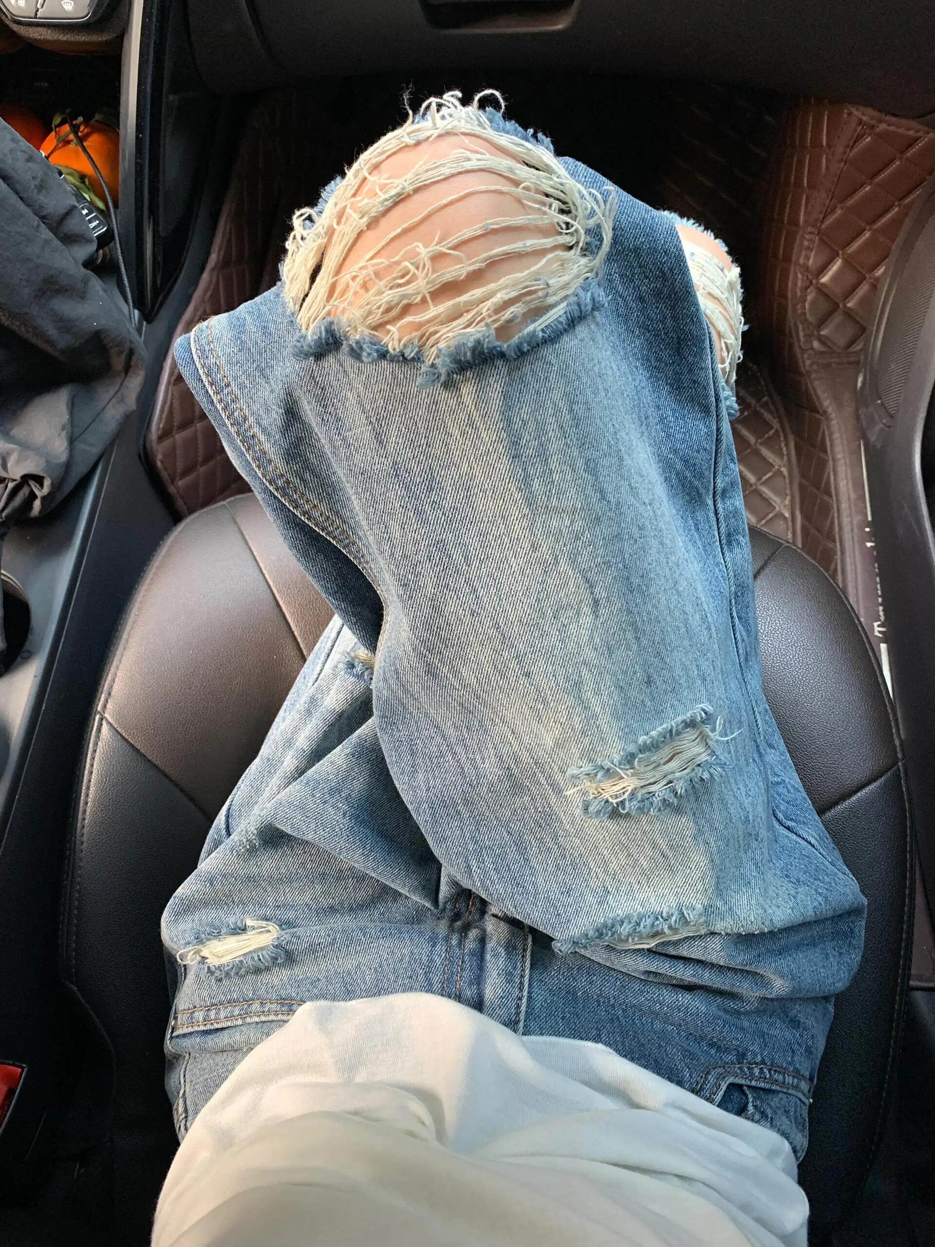 

Retro American High Street Blue Hole Denim Jeans Women's Spring Summer New High Waist Slimming Draping Wide Leg Beggar Pants