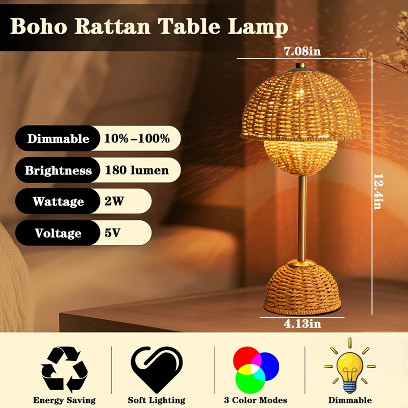 TKOH-klein nachtlampje, schattige LED-bedlamp voor kinderen 3-kleurmodi Boho-lamp Nachtkastjelamp Draagbare decoratieve lamp