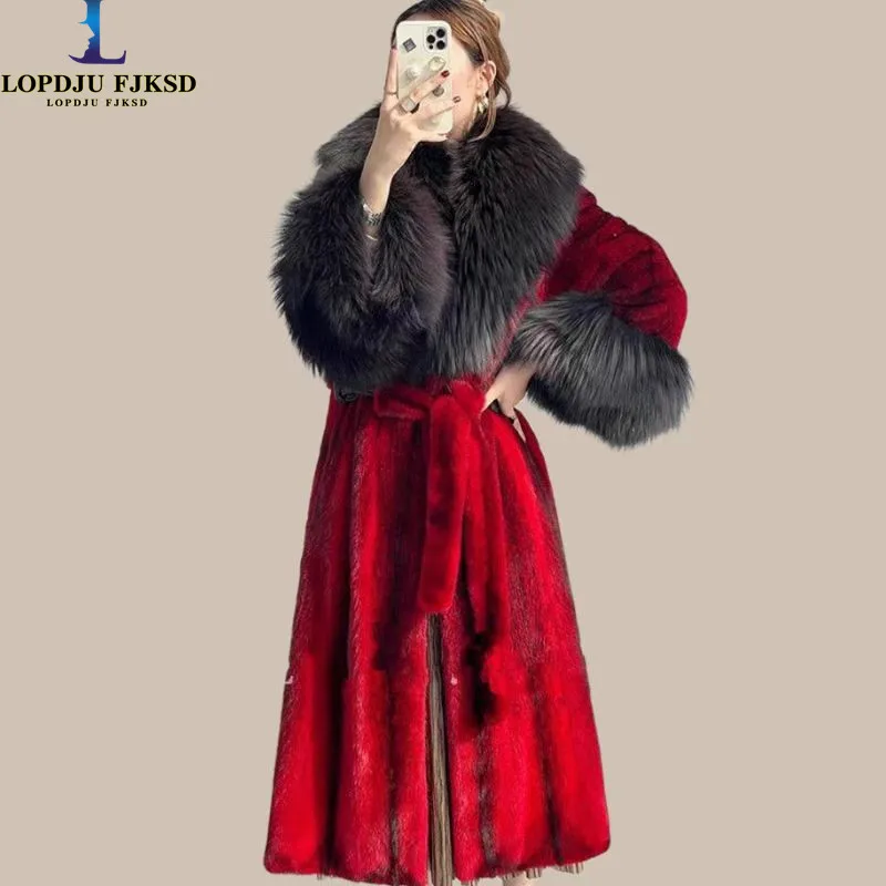 Adjustable Waist Faux Fur Coat for Women, Long Jacket, Fox Fur Collar, Thick Warm Clothes,England Style,Autumn and Winter, 2024