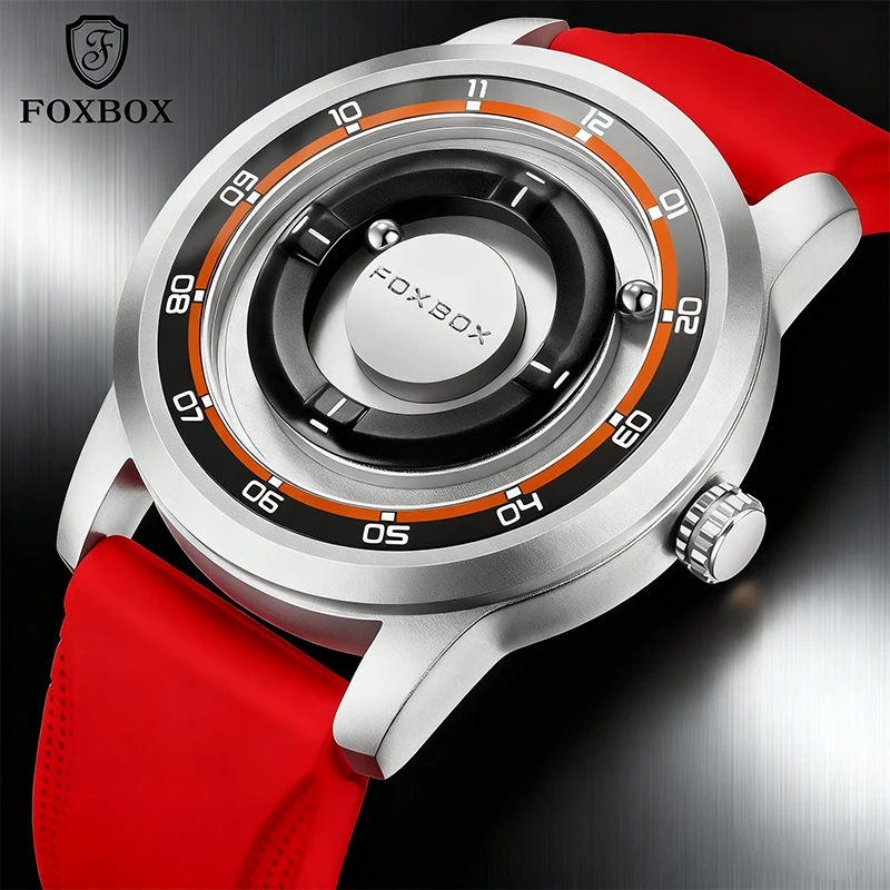 

FOXBOX Men's Watches Red Creative Quartz Floating Magnetic Pointer Ball Bearing Silicone Strap watches For Men Reloj Hommes