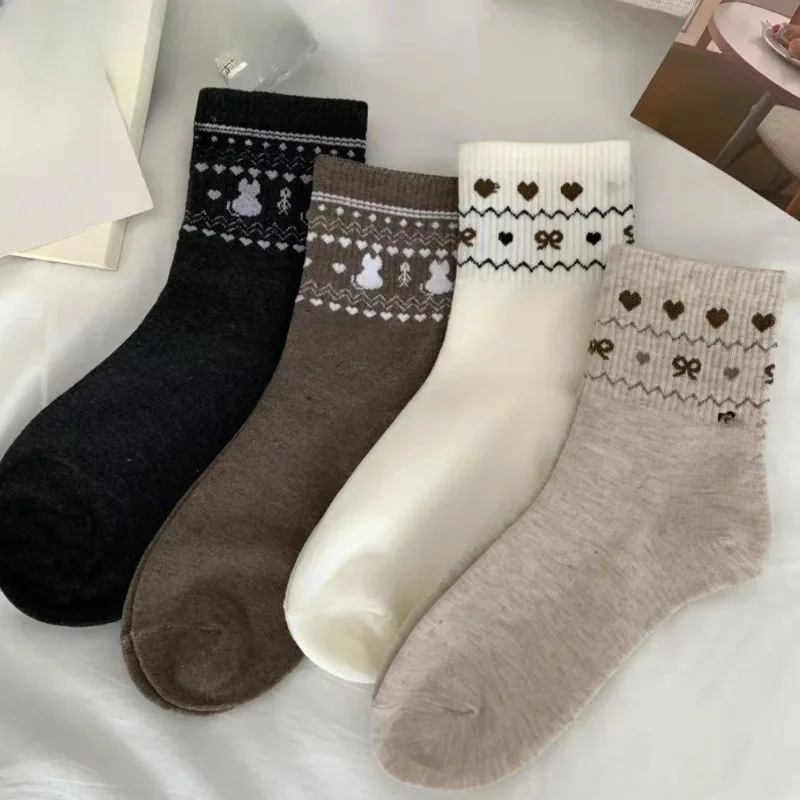 1/4 pairs Retro Sweet Checkered Bow Women's Socks Spring Autumn New Cute Cartoon mid tud socks Fashion Versatile Women's Socks