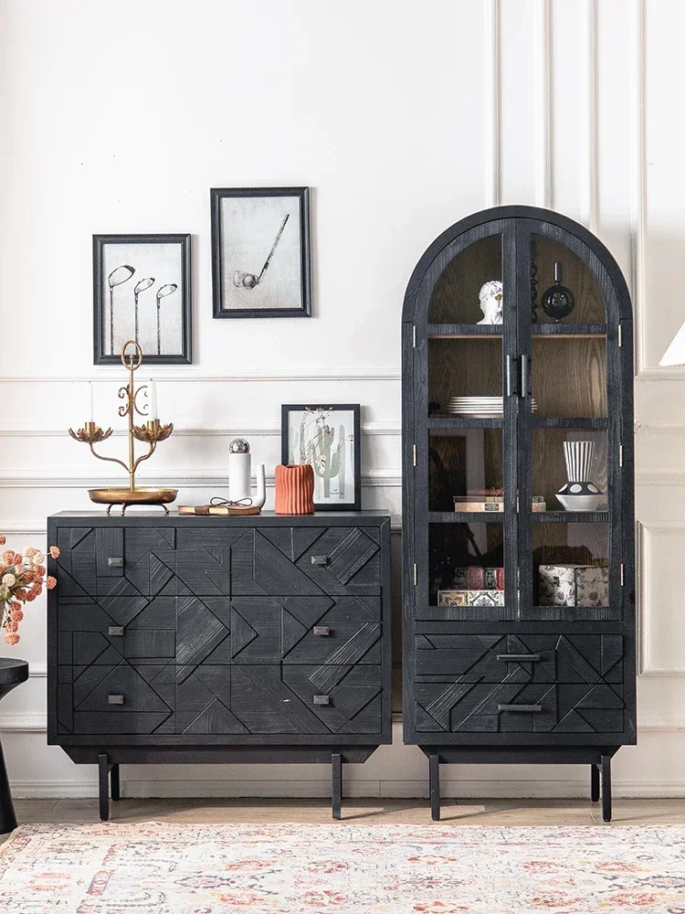 خزانة ذات أدراج فنية فرنسية، جدار غرفة المعيشة، خزانة مدخل إغاثة هندسية سوداء، خشب متين عتيق #4