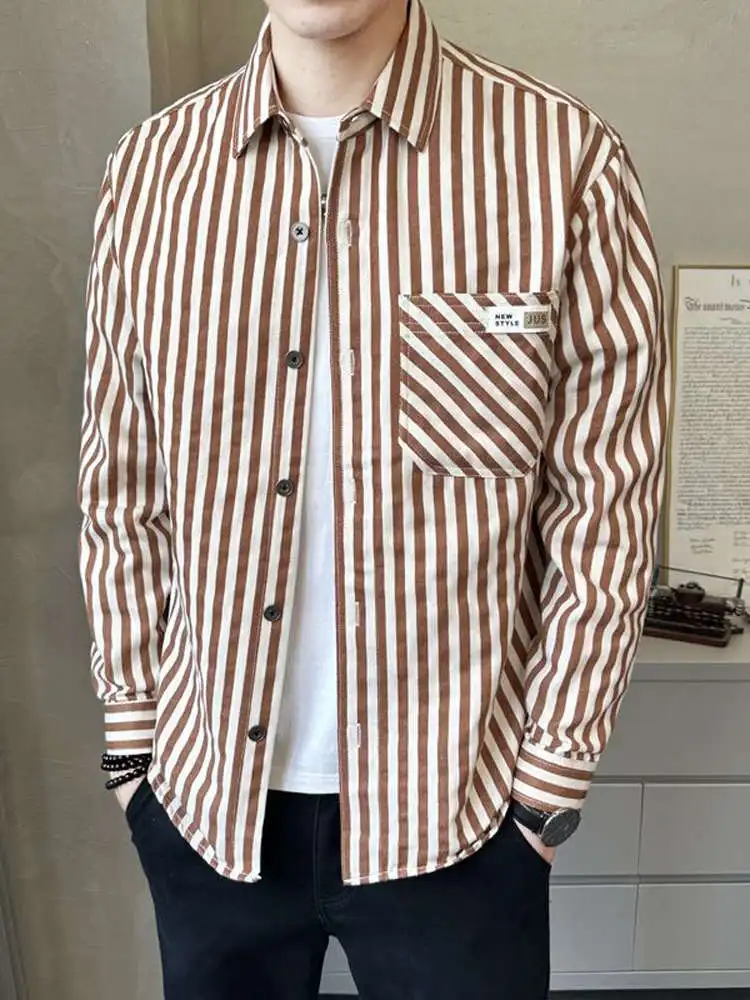 

Tagkita Men's Long Sleeve Striped Shirt Autumn 2023 Breathable Standard Fit Daily Wear Fashionable Japanese Retro Style