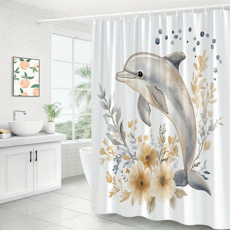 

Watercolor Dolphin Shower Curtain, Floral Marine Animal Print, Boho Beach Decor, Waterproof Bathroom Curtain, Polyester Fabric