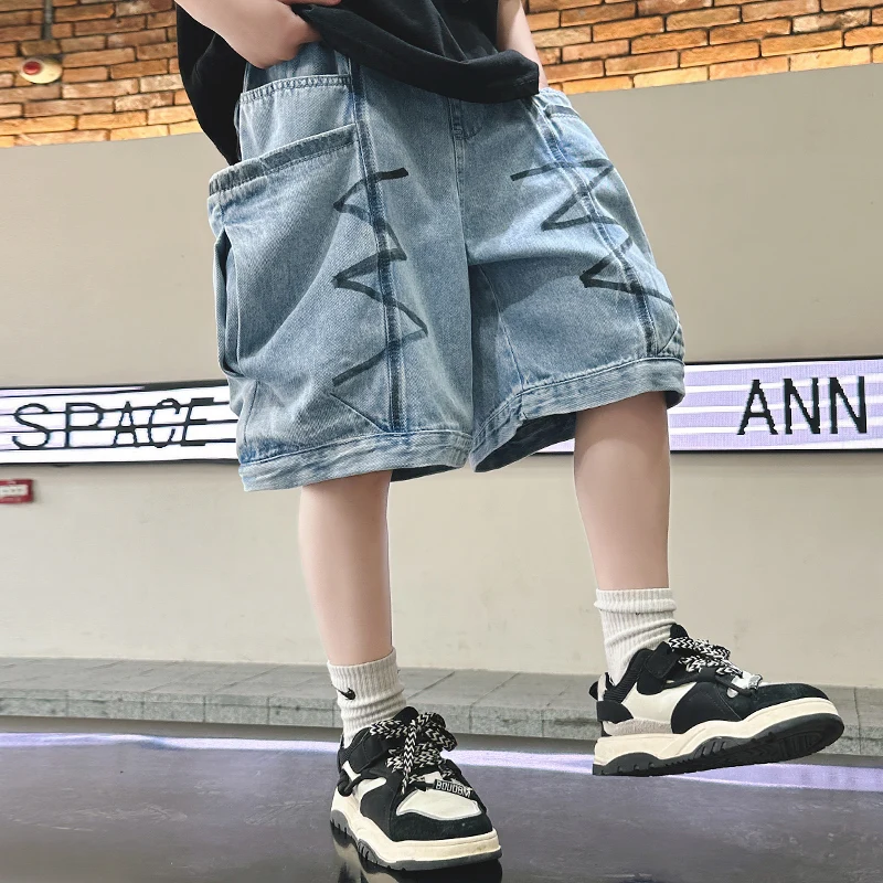 

Child Retro Hip Hop Streetwear Denim Shorts y2k Boy Baggy Jeans Shorts with Side Pocket Kids Harajuku Loose Casual Short Pants