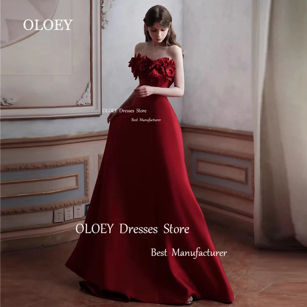 OLOEY Exquisite Red Satin Evening Dress Strapless Flowers Floor Length Wedding Party Gown Performance Gown Corset Custom Made