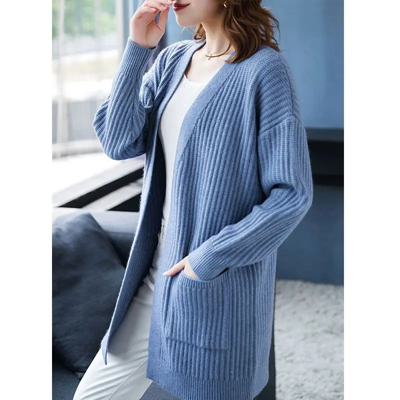 Spring and Autumn New Sweater Knitted Cardigan Women\'s Long Sleeve Loose Korean Edition Coat Medium to Long Outer Wear