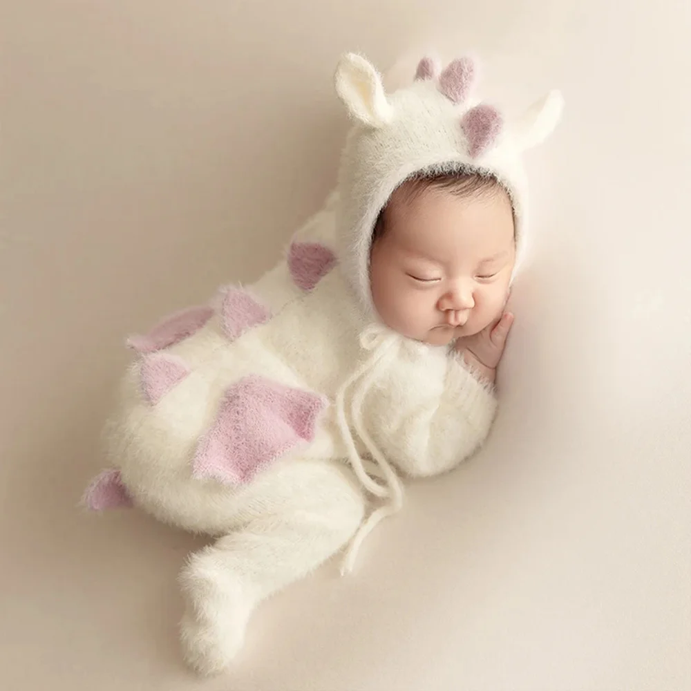 

Newborn Dinosaur Costume For Photography Knitted Mohair Baby Jumpsuit Hat Set Dinosaur Doll Posing Pillow Props Baby Photo Theme