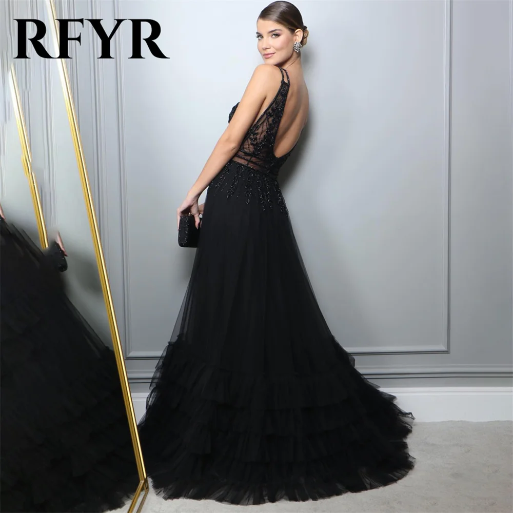 RFYR-Robes formelles bleues à bretelles spaghetti, robe de soirée à col en V profond pour mariage, appliques en dentelle, robes pour occasions spéciales personnalisées