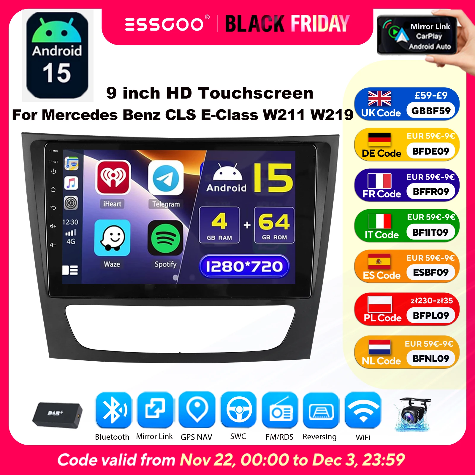 ESSGOO Autoradio Android15 9" 4+64 GB für Mercedes-Benz GLS E-Klasse W211 W219 Wireless CarPlay GPS Navigation FM RDS Touchscreen WiFi Bluetooth Mirror Link Android Auto Lenkradsteuerung
