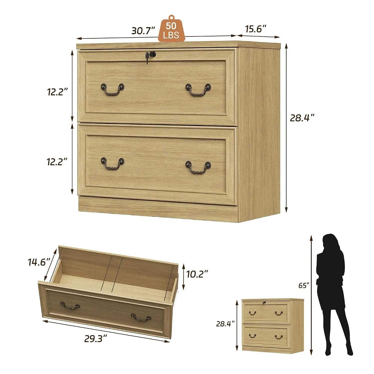 2-Drawer Wood Lateral File Cabinet with Lock, Home Office Storage for Letter/Legal/A4 Folders, Customized