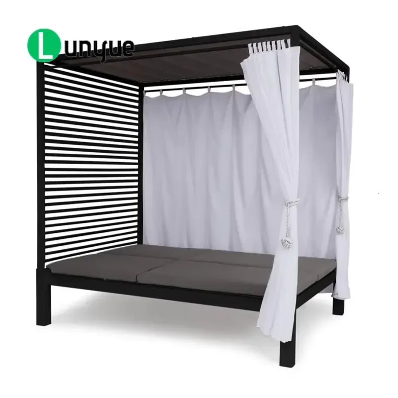 Double Steel Outdoor Lounger Bed with Upholstered Adjustable Backrest for Patio Poolside Garden Furniture Durable Comfortable