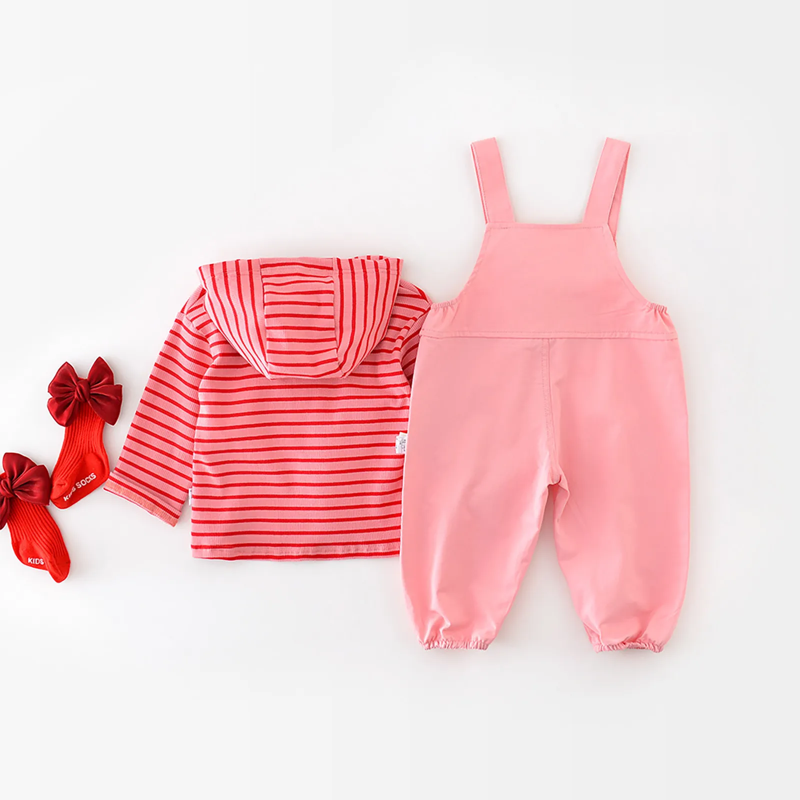 Autumn Girls' Suits Children Red Striped Hooded Tops+Suspenders Pants Children's Casual Two Piece Set Girls Baby Clothes Sets