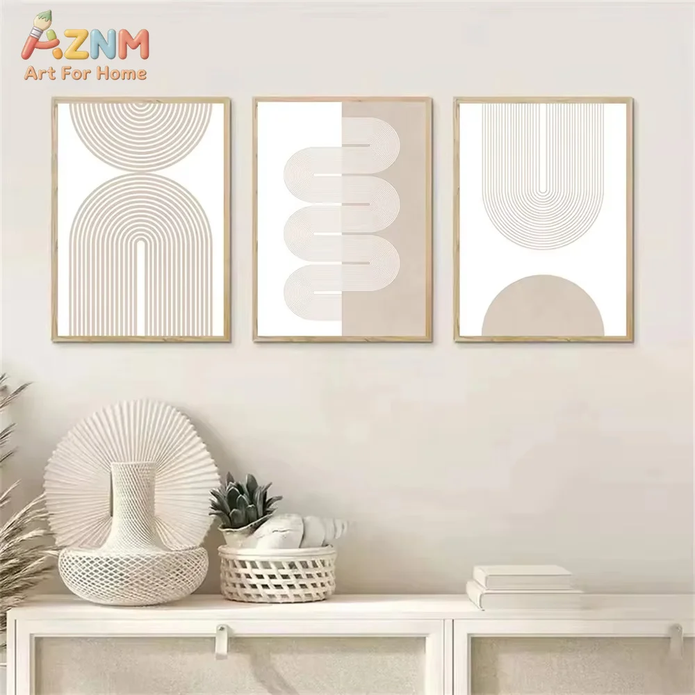 AZNM Boho Neutral Beige Line Art Arch Geometric Canvas Wall Art Minimalist Abstract Curve Print Unframed Canvas Painting for Liv
