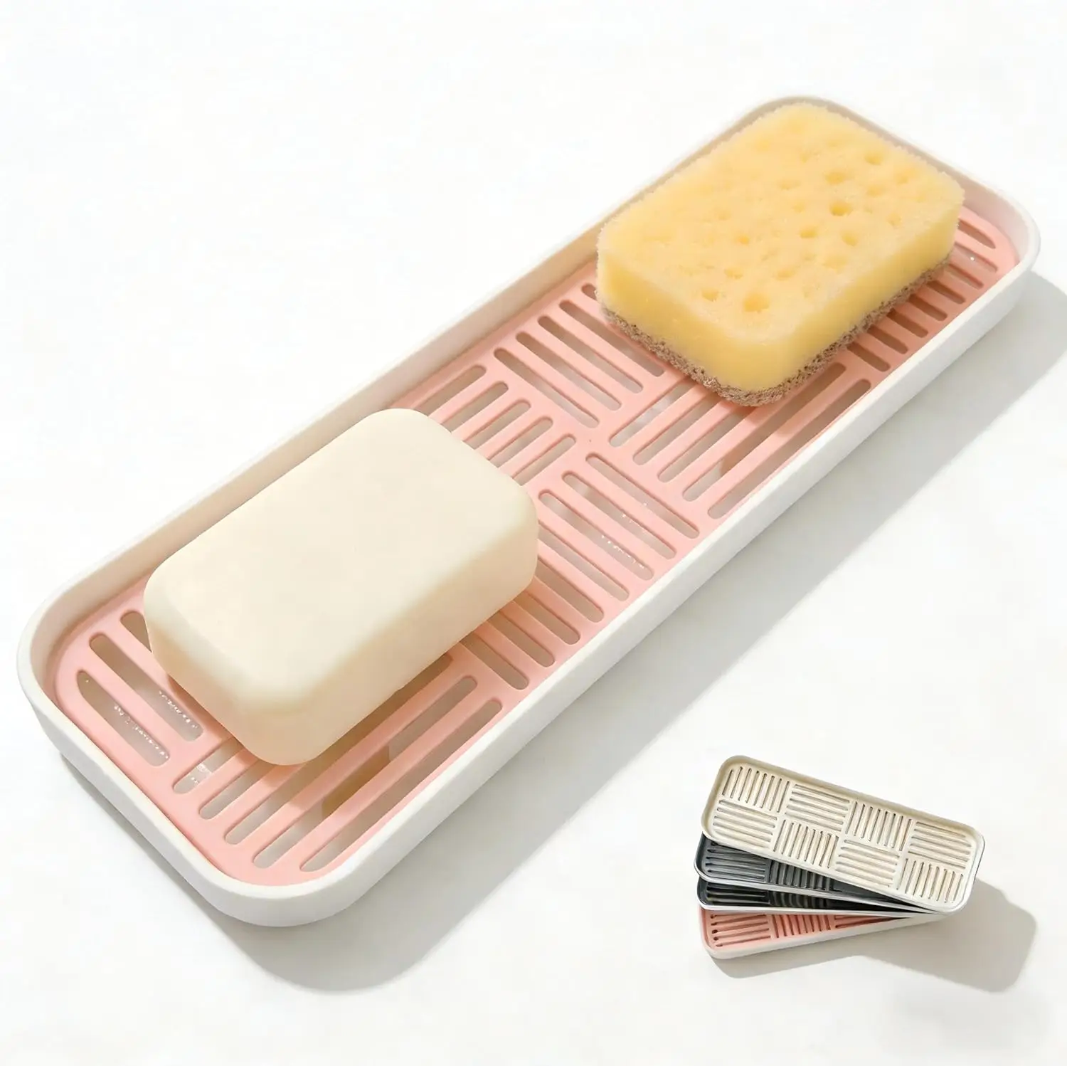 

Pink Plastic Sink Organizer with Double-Layer Drain Rack for Sponge, Soap, and Dish Tools