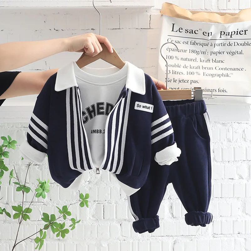 Spring and autumn new baby letter long sleeve suit 0-5 year old boys striped cardigan coat three piece casual simple sportswear