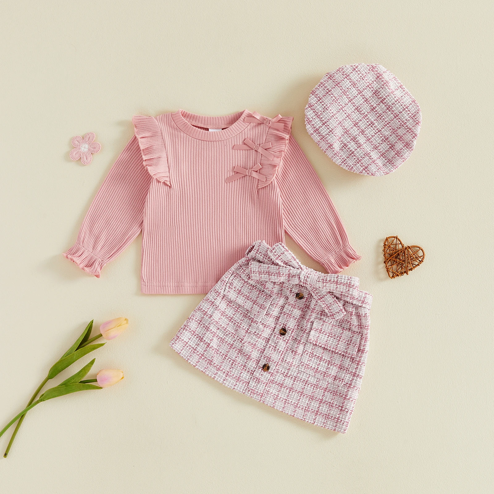 1-5Y Kids Girl Fall Outfit Long Sleeve Solid Color T Shirt Houndstooth Skirt Beret Hat Girls Clothing Set 3PCS