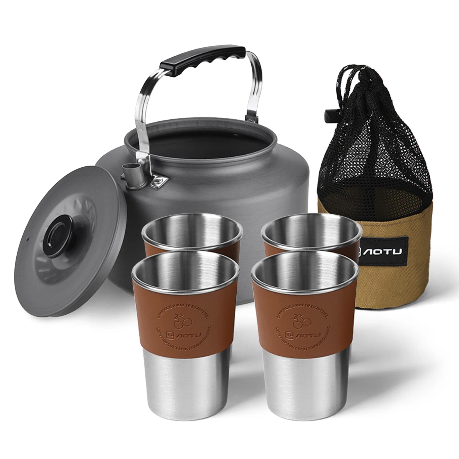 Camping Kettle for Open Fire 2L Camp Kettle + 4*360ML Stainless Steel Cups with Heat-Resistant Covers and Cup Bag Mesh Bag