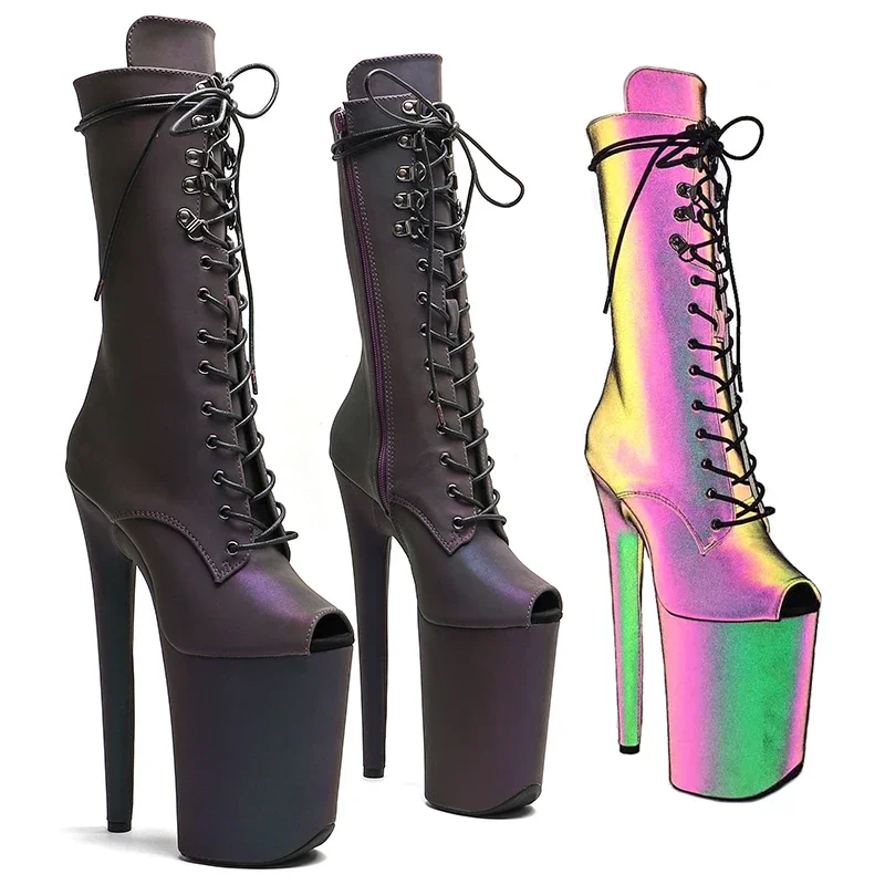 

Leecabe 23CM/9inches Reflective material PU Fashion trend Small open toe High Heels platform stripper heel Pole Dance boot