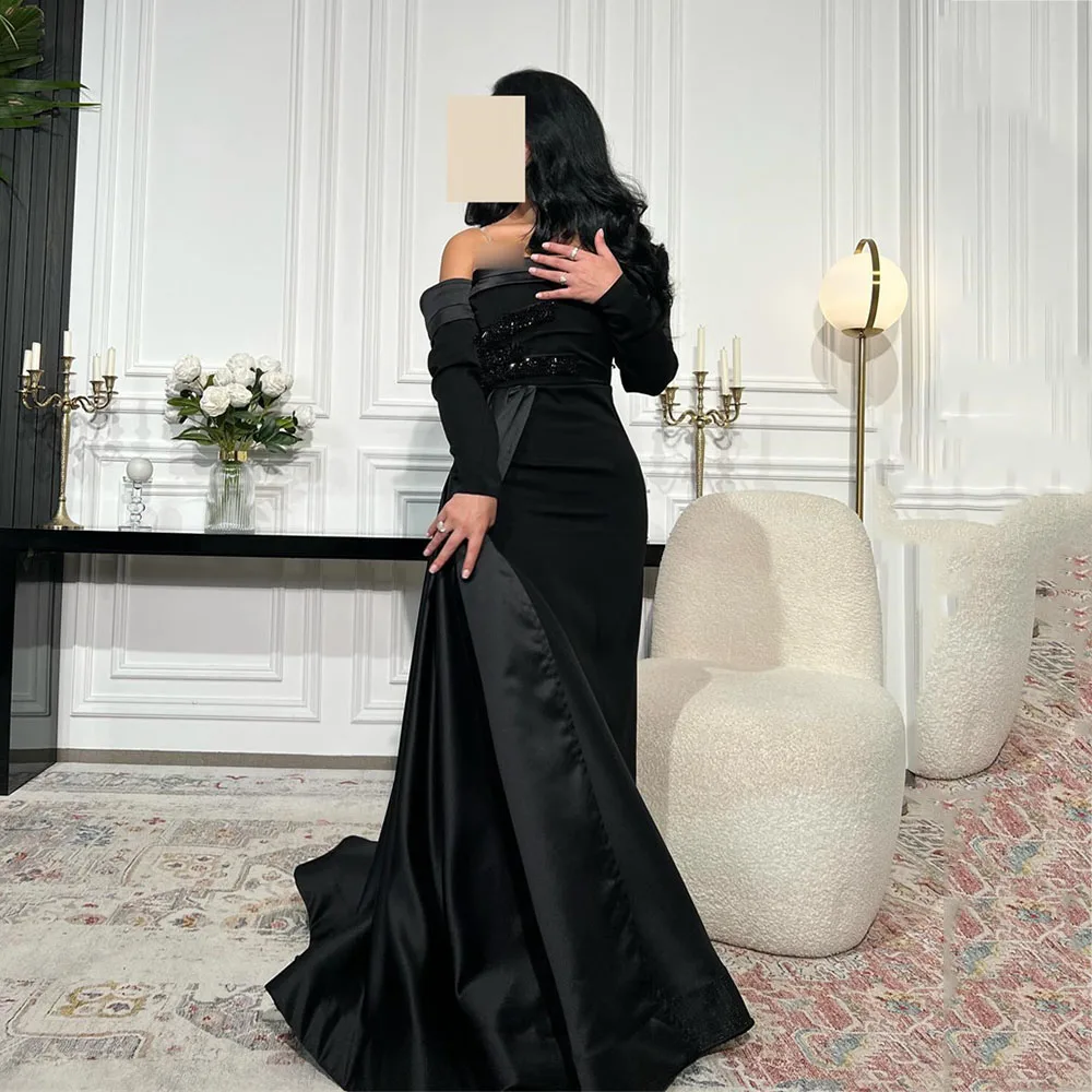 

Retro Long Sleeve Off The Shoulder Straight Patchwork Prom Gown Black Elegant Floor-Length Lace Draped Evening Dresses