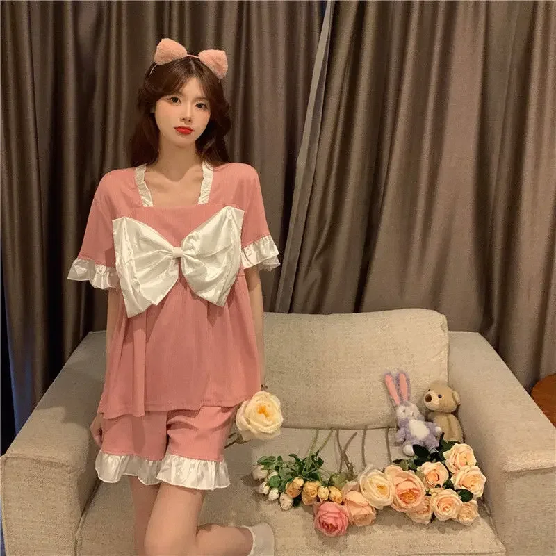 

Pajama Sets Women 5 Colors Summer Bow Patchwork Girlish Princess Chic Students Kawaii Fashion Home Casual New Sleepwear Ulzzang