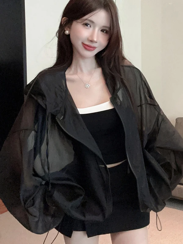 Lightweight Ice Silk Long Sleeve Hooded Jacket Transparent Loose Slimming Sun Protection Women's Fashion Summer 2025 Outerwear