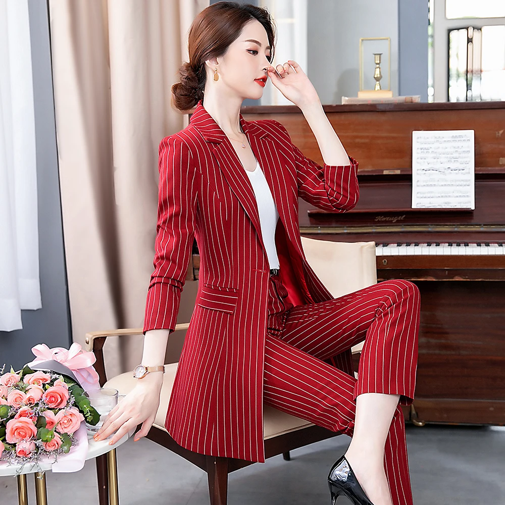 Frauen Striped Formale Hose Anzug Büro Damen Schwarz Rot Weibliche Dünne Lange Blazer Jacke Und Hosen 2 Stück Set Für arbeit Tragen