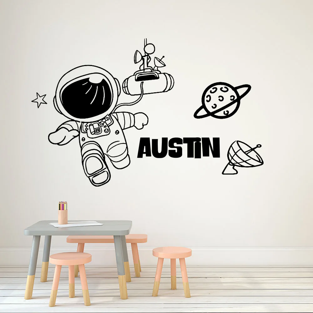 Cartoon Custom Name Astronaut Space Wall Sticker Nursery Kids Room Personalized Space Satellite Wall Decal Playroom Vinyl Decor