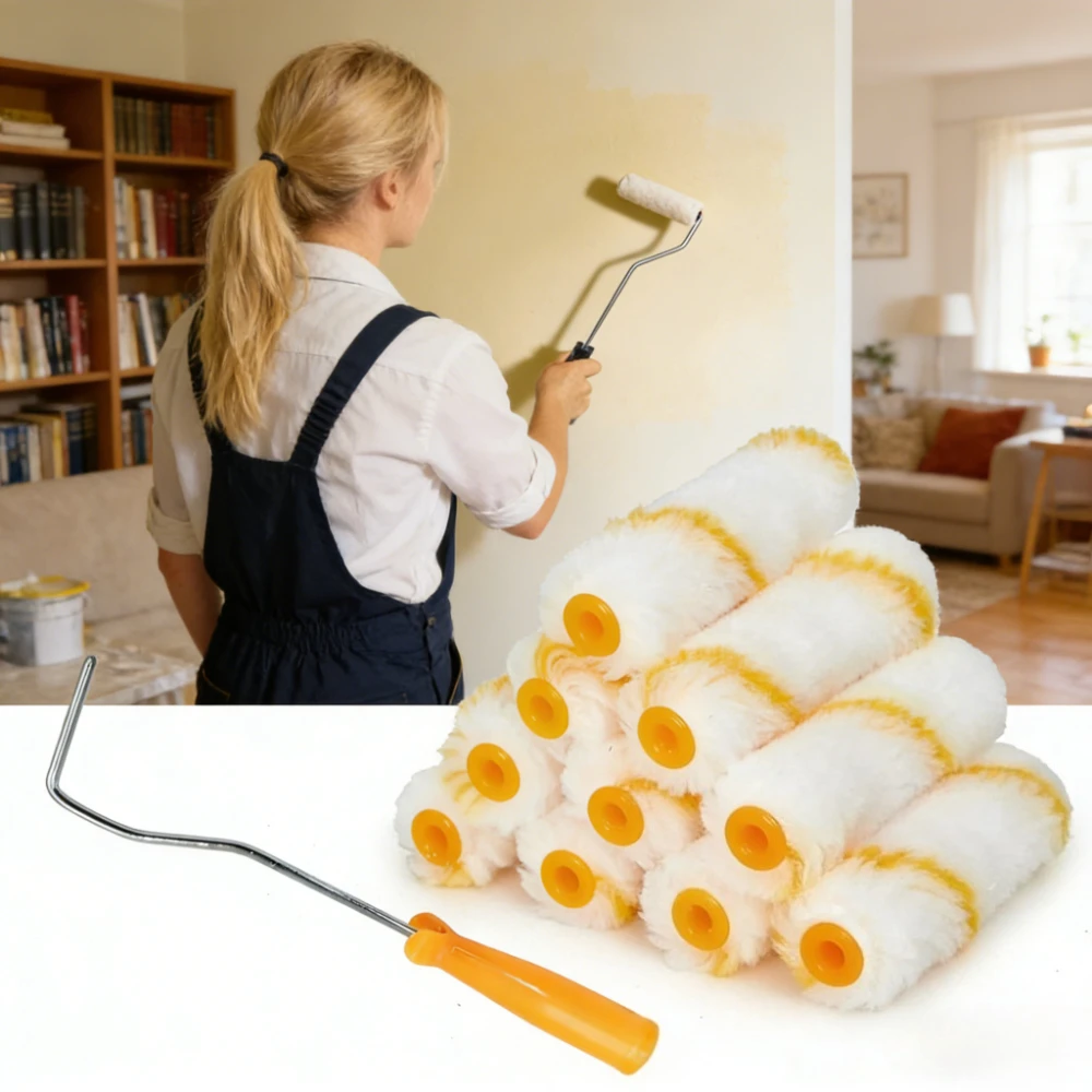 

Набор из 11 предметов: 4-дюймовые валики для покраски, портативные, с пластиковой ручкой, для домашнего использования, инструмент для покраски стен, маленький валик, держатель, профессиональный ремонтный инструмент