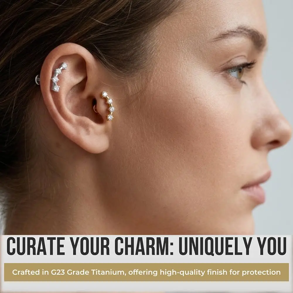 G23 Grade Titanium Ear Stud Four Round CZ 5A Zircon Curved Cluster Internal Thread Tragus Labret Piercing Jewelry for Women Men