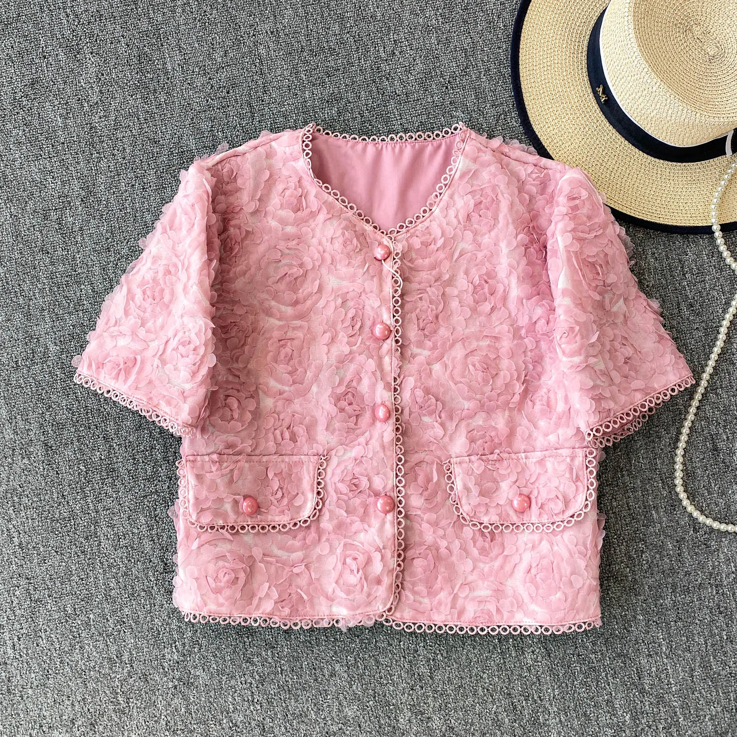 Women's New Lace Edge Short Jacket Fragrant Pink Three-Dimensional Flower Round Neck Top