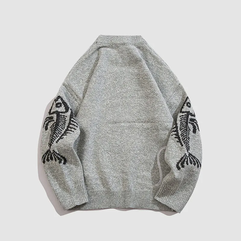 Retro Loose Sweater Men's Harajuku Kitten Printed Knitted Sweater Autumn and Winter Y2k Fashionable Street Pullover